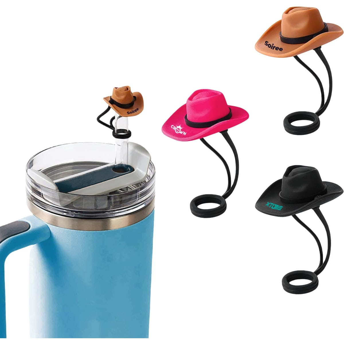 A drink bottle with a grey lid alongside four silicone straw covers in brown, pink, and black hat designs.