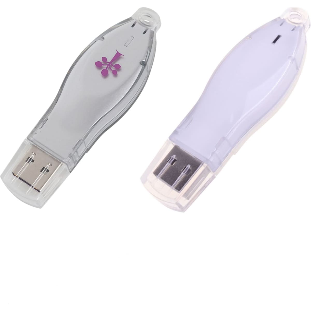 A pair of USB flash drives in light grey and pale purple, featuring a logo on one drive.