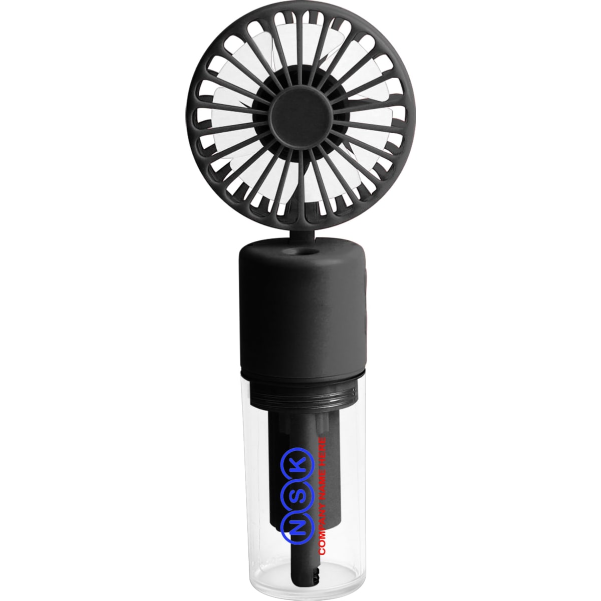 A black neck spray fan with a clear bottle underneath, featuring a logo on the side.