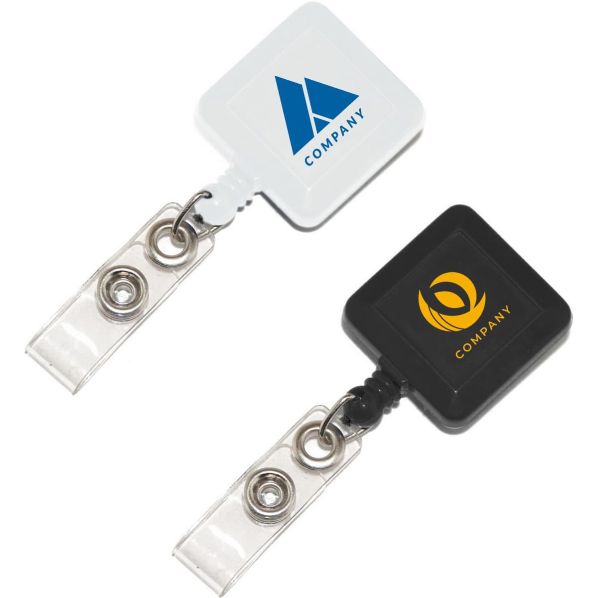 A square retractable card holder in white and black, featuring two logos and a clear strap for attachment.