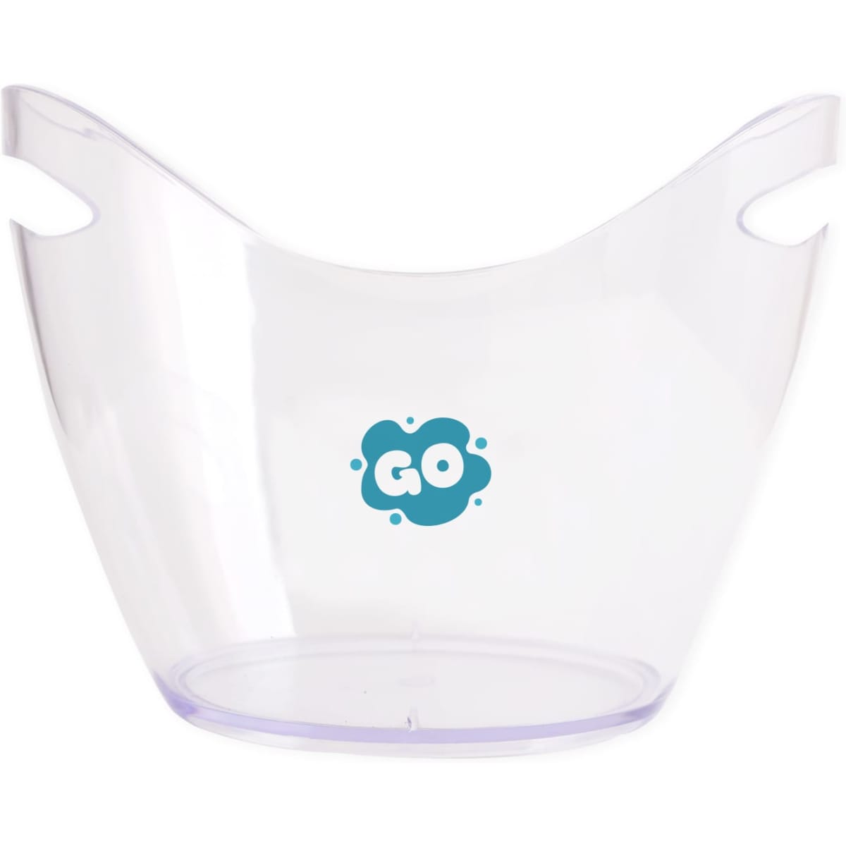 A clear ice bucket with a rounded design and handles, featuring a colourful logo.