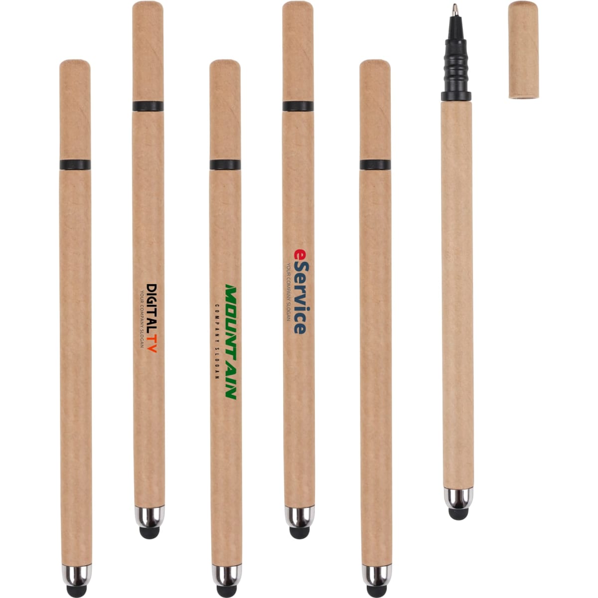 A collection of six wooden stylus pens, featuring both touch tips and traditional pen tips, with various branding.