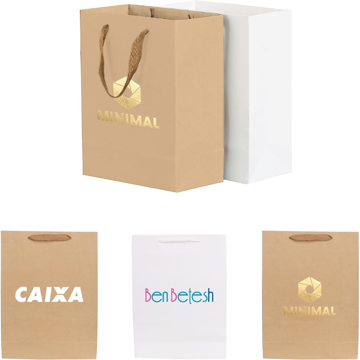 A large vertical paper bag in brown with fabric flat handles, alongside a white paper bag, both featuring logos.