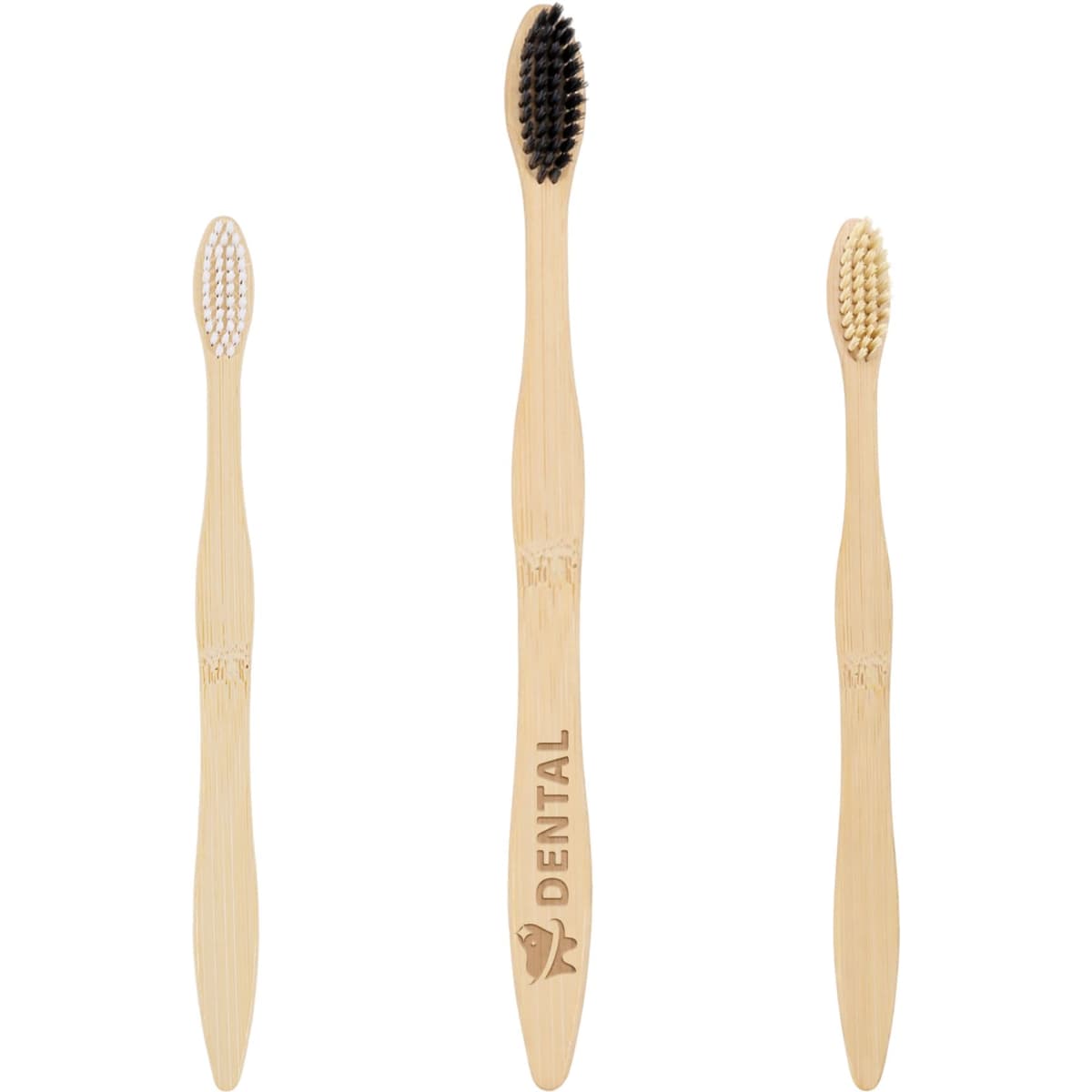 Three toothbrushes with wavy handles, featuring natural wood finishes and varying bristle colours, one with a logo.