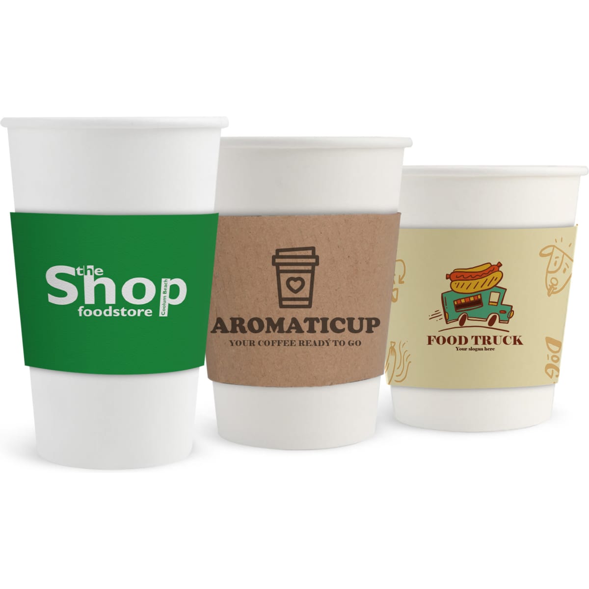 Three white paper cups displayed with different sleeve designs: green, brown, and a graphic featuring food truck elements.