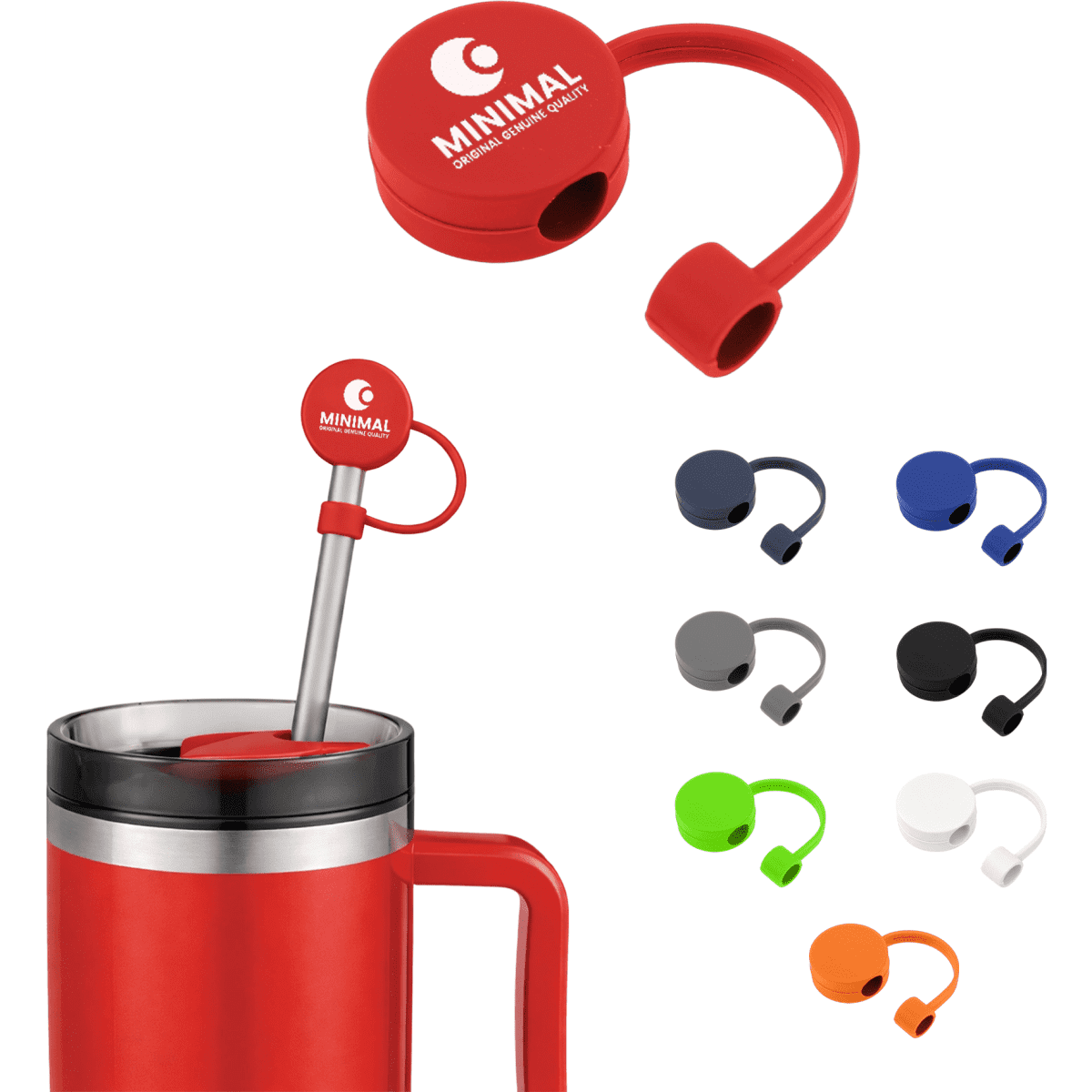 A drink bottle with a red round silicone straw cover alongside additional straw covers in various colours: blue, green, black, white, and grey.