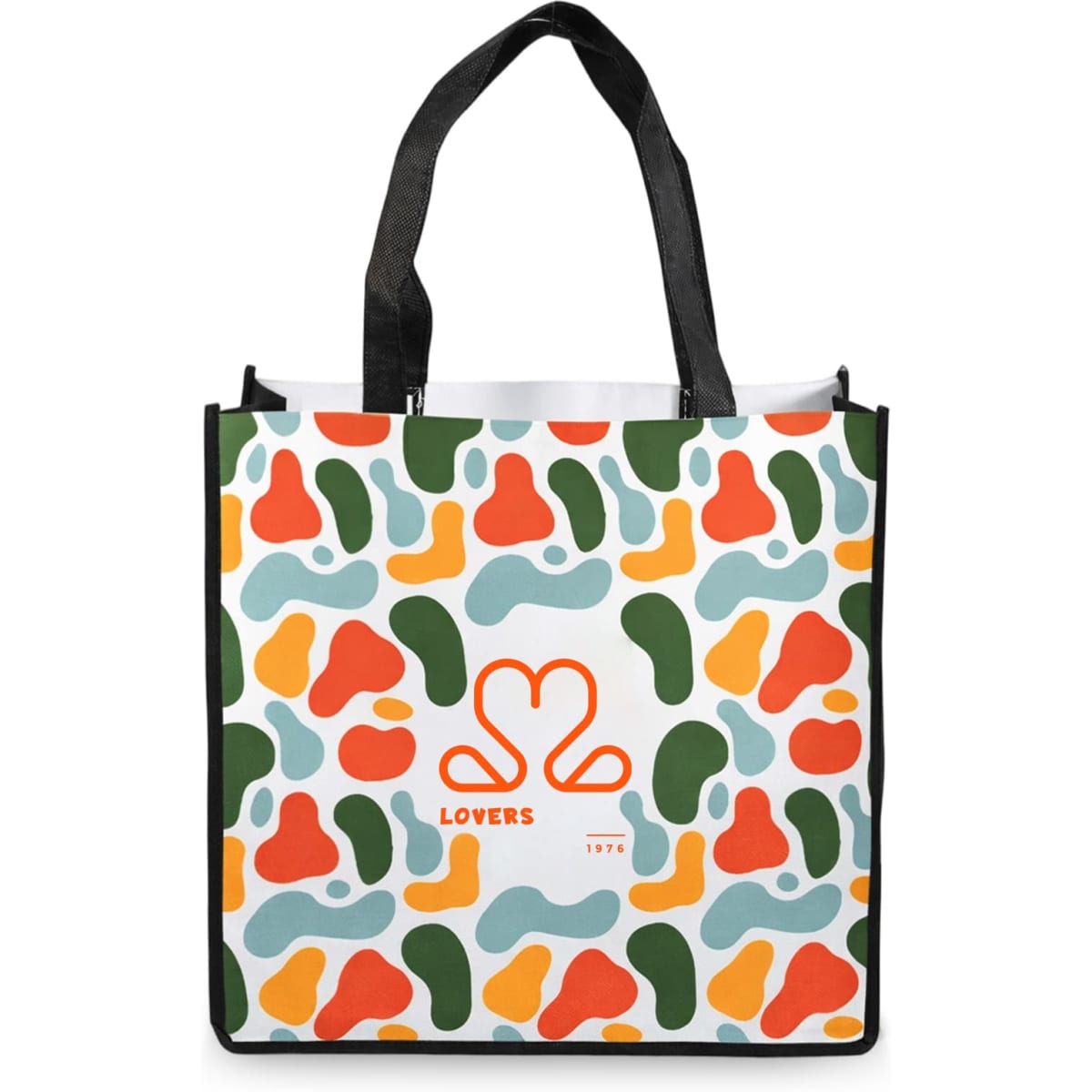 A vibrant tote bag with an abstract pattern of green, orange, red, and light blue shapes. It features a logo.