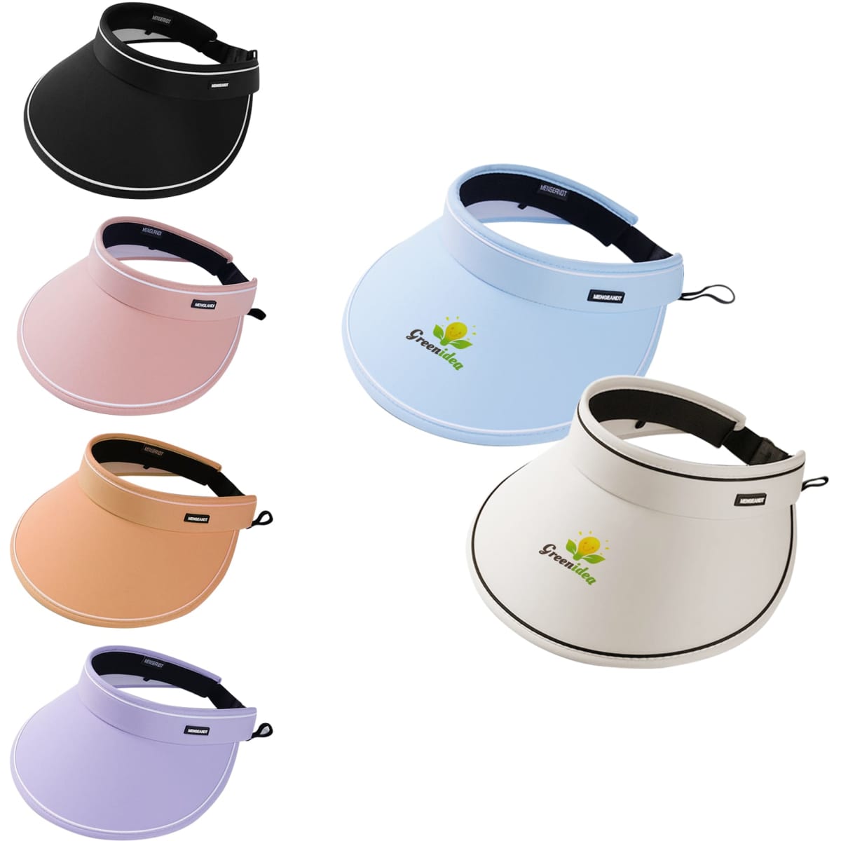 Wide brim sun visor hats in black, pink, peach, purple, and white, featuring a logo on each.