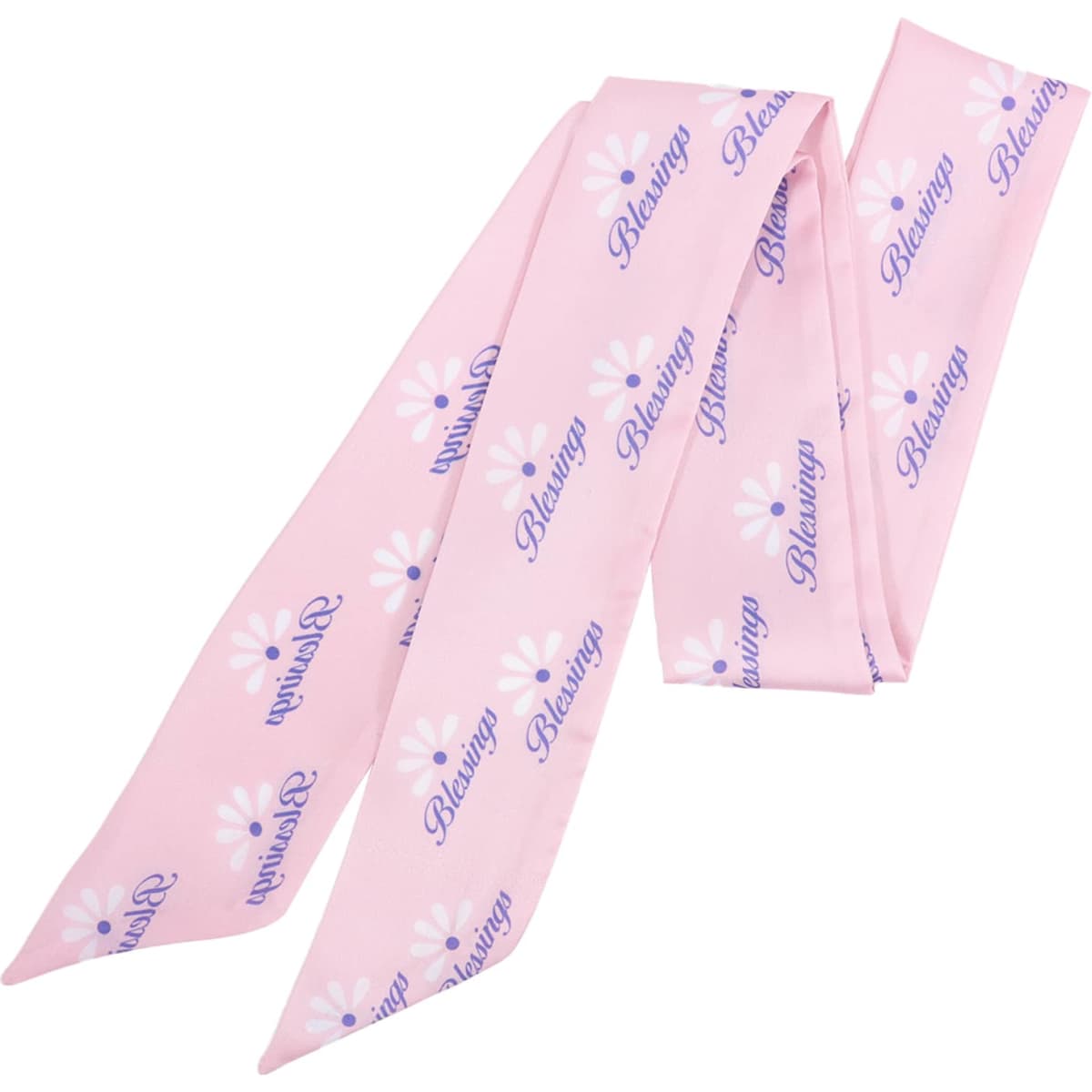 A pink chiffon narrow scarf with a floral design and the word "Blessing" printed throughout.