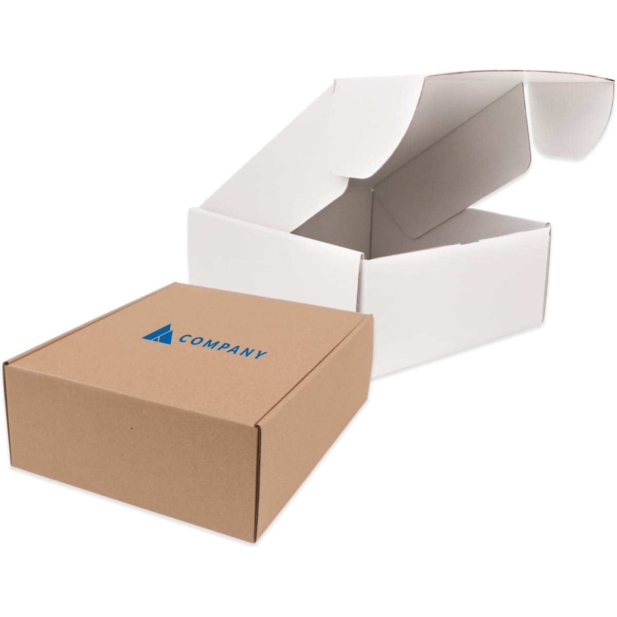 A large, kraft brown shipper box with a flap lid and a logo on the front. It is partially open, revealing an inner white box.