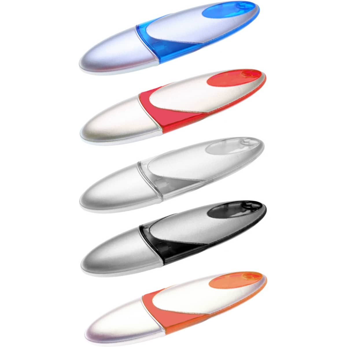 A collection of five Neptune Flash Drives in blue, red, clear, silver, and black, featuring a logo on each.