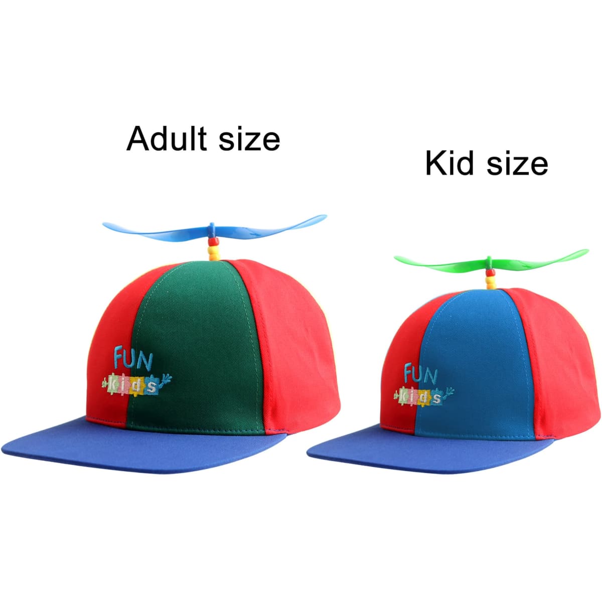 A propeller baseball cap in red, green, and blue, available in adult and kid sizes, featuring a logo on the front.