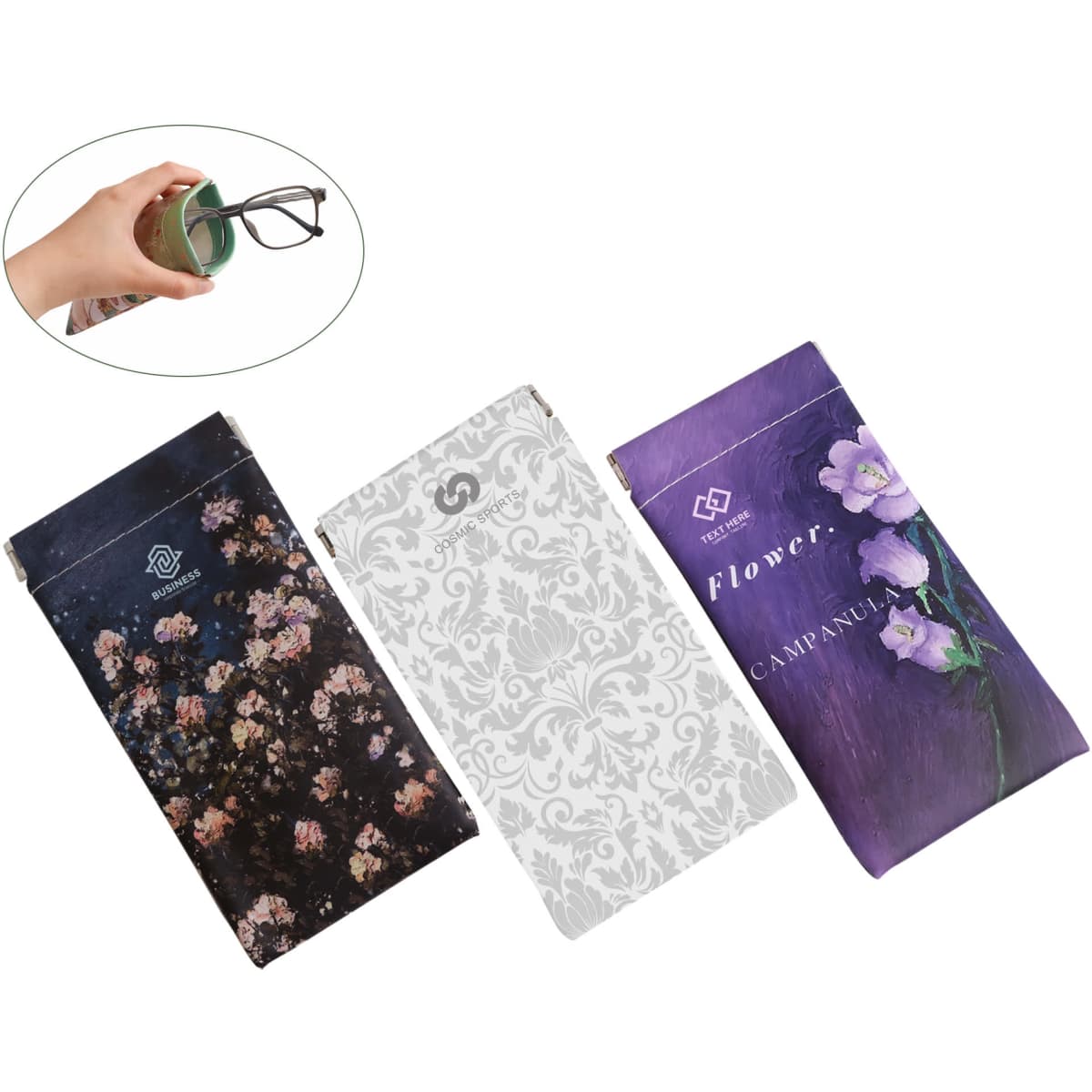 A set of three full colour print glasses pouches featuring floral and patterned designs in various colours.
