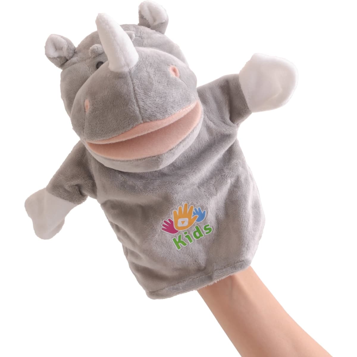 A grey plush rhinoceros hand puppet with a smiling mouth and white paws, featuring a logo on its body.
