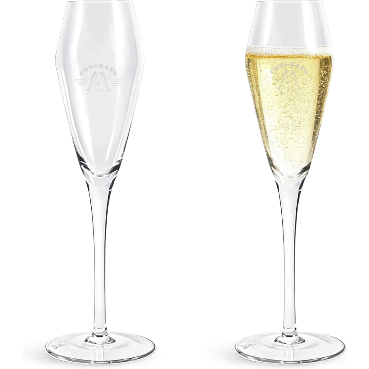 A pair of clear tulip champagne glasses with one filled with sparkling beverage and a logo on the side.