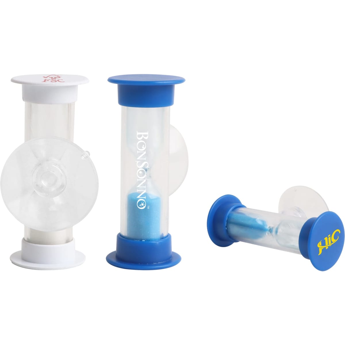 A set of three sand timers in white and blue, featuring a transparent body and coloured sand inside.