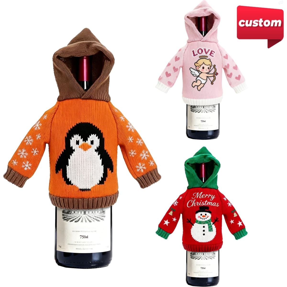 A drink bottle cover in orange with a penguin design, pink with "Love," and red with a snowman and "Merry Christmas."