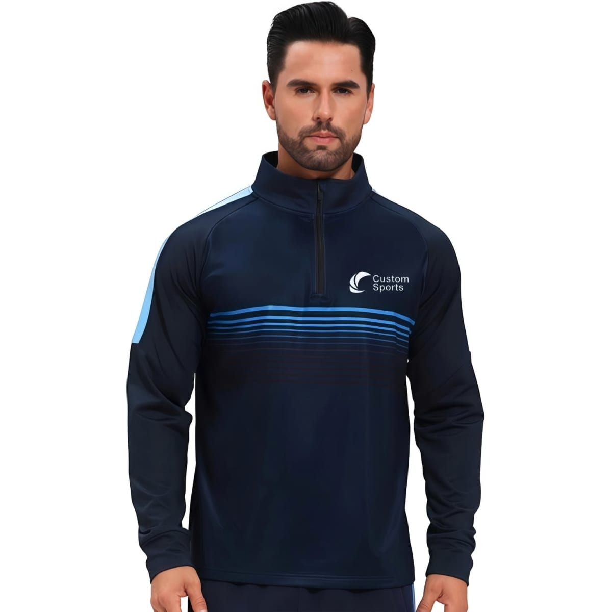 Navy and light blue polyester spandex 1/4 zip raglan jacket with a high stand-up collar and a logo.