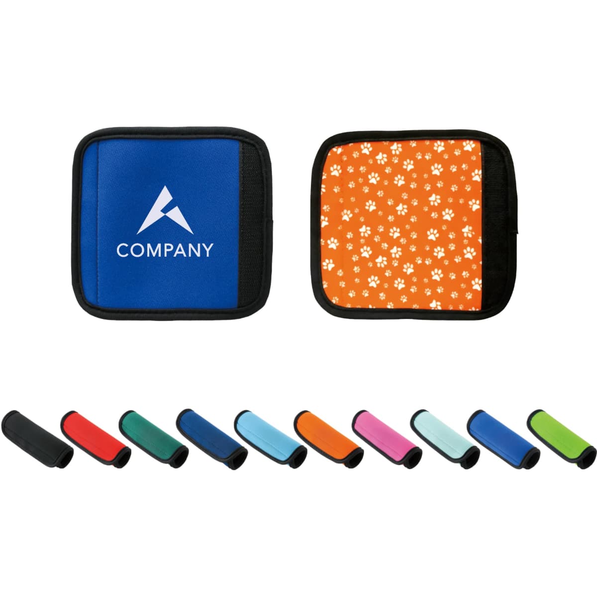 Neoprene luggage grips in various colours, featuring a logo on one side and a patterned design on the other.