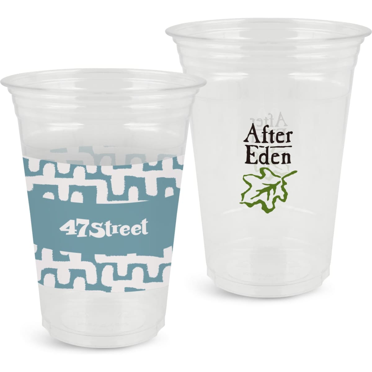 A clear plastic cup in two designs, featuring a logo and decorative patterns. Suitable for beverages.