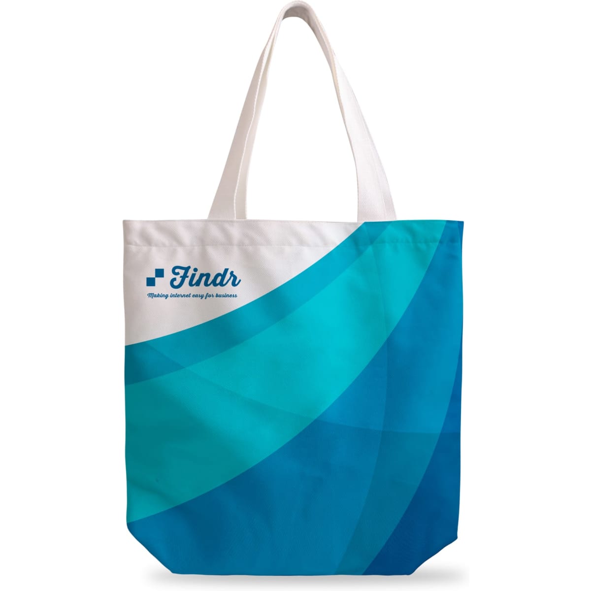 A velvet tote bag featuring a full-colour design in shades of blue with a logo. It has white handles.
