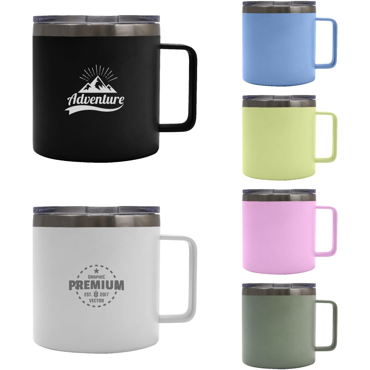 A collection of 450ML RCS recycled stainless steel coffee cups in black, blue, lime, pink, and white, with handles.