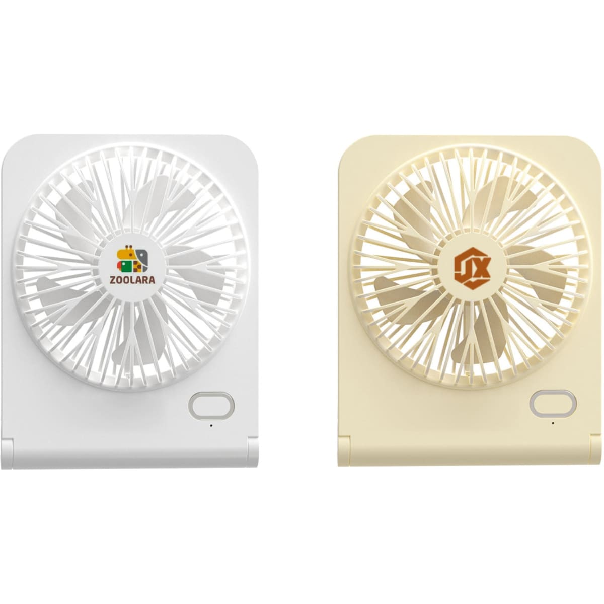 A mini desk fan in white and cream colours, featuring branded logos on both devices.