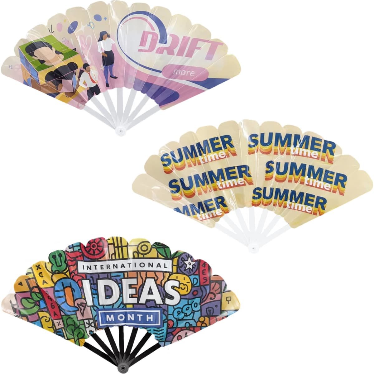 A collection of colourful plastic hand fans featuring various designs and a logo, including themes like summer and ideas month.
