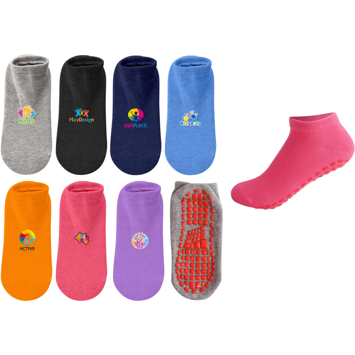 A variety of low cut kids gripper socks in grey, black, navy, orange, purple, and pink, featuring different logos.