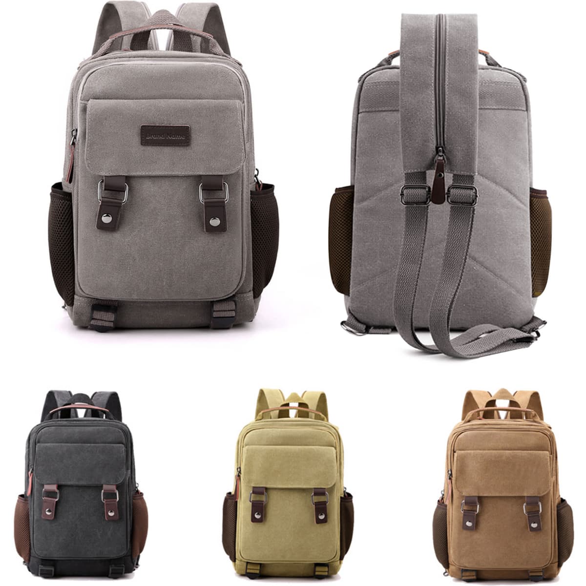 A collection of canvas sling backpacks in grey, black, olive, and brown, featuring a logo and adjustable straps.