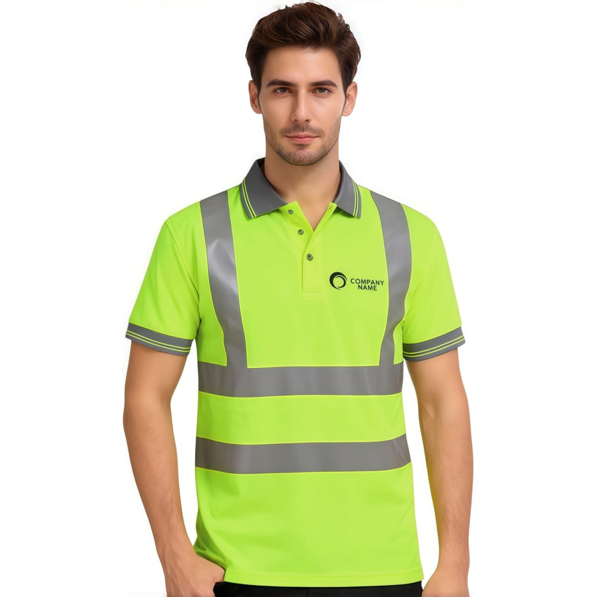 A hi-vis reflective polo shirt in bright lime green with grey accents and a logo on the chest.