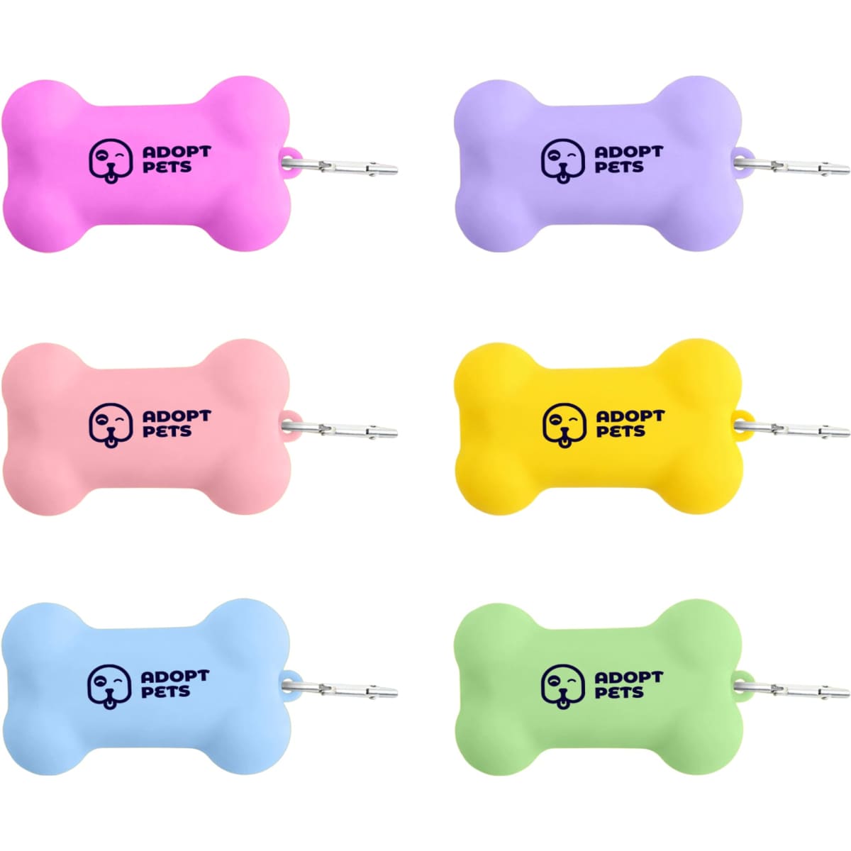 A collection of silicone bone-shaped dog poop bag dispensers in pink, purple, yellow, blue, and green, each with a logo.