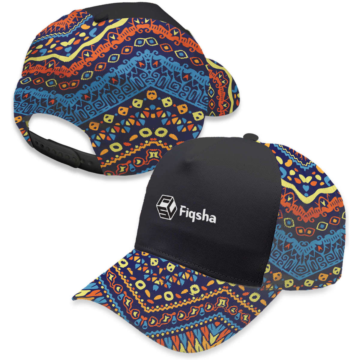 A custom cap featuring a vibrant patterned design in blue, red, and yellow with a black panel and logo.