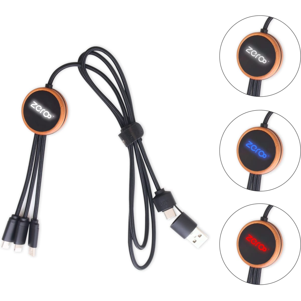 A round-shaped charging cable with a black and coloured braided design. It features a logo and multiple connection options.