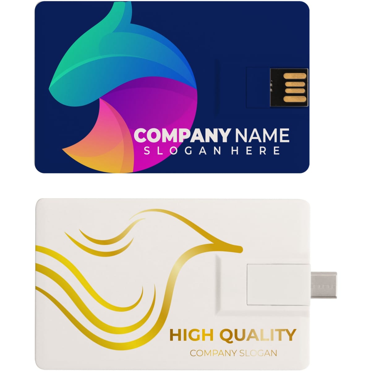 A credit card-sized Type-C flash drive featuring a multi-coloured design and a white side with gold accents.