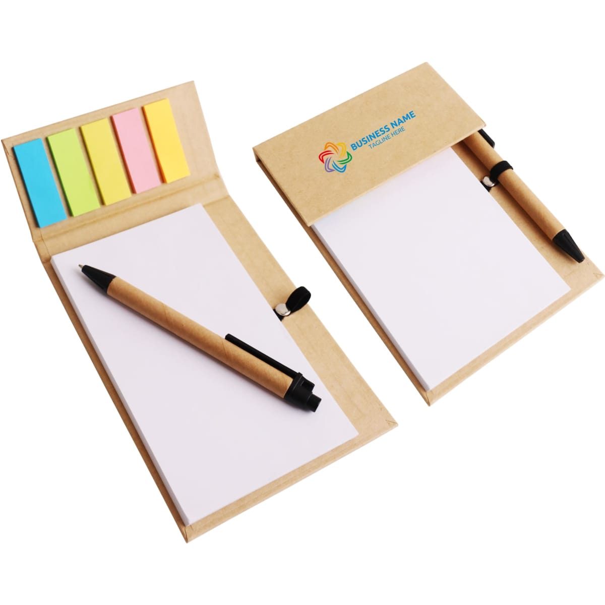 A memo pad with a ballpoint pen in a kraft brown cover, featuring sticky notes in pastel colours.