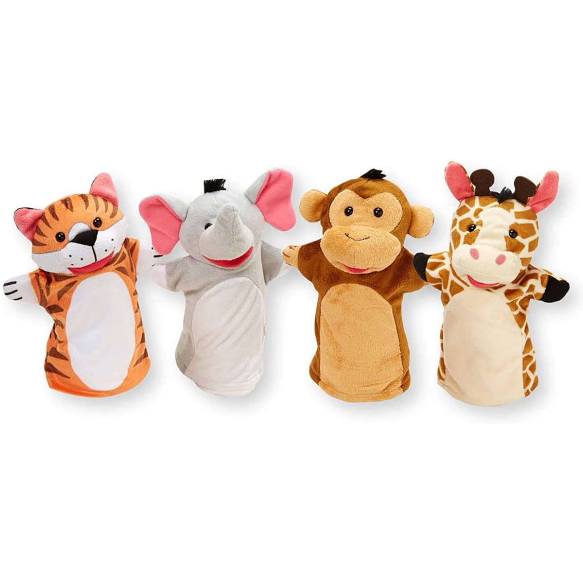 Four custom shape hand puppets in vibrant colours: a tiger, elephant, monkey, and giraffe, all with friendly faces.