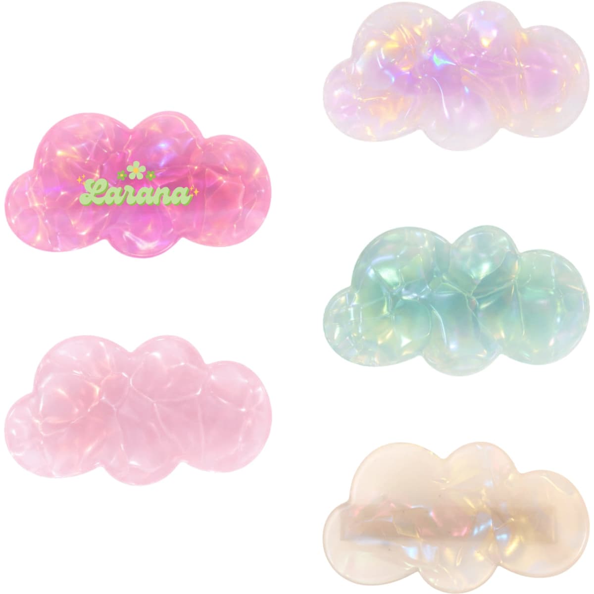 Five iridescent hair clips in cloud shapes, featuring colours like pink, green, and clear. Includes a branded logo.