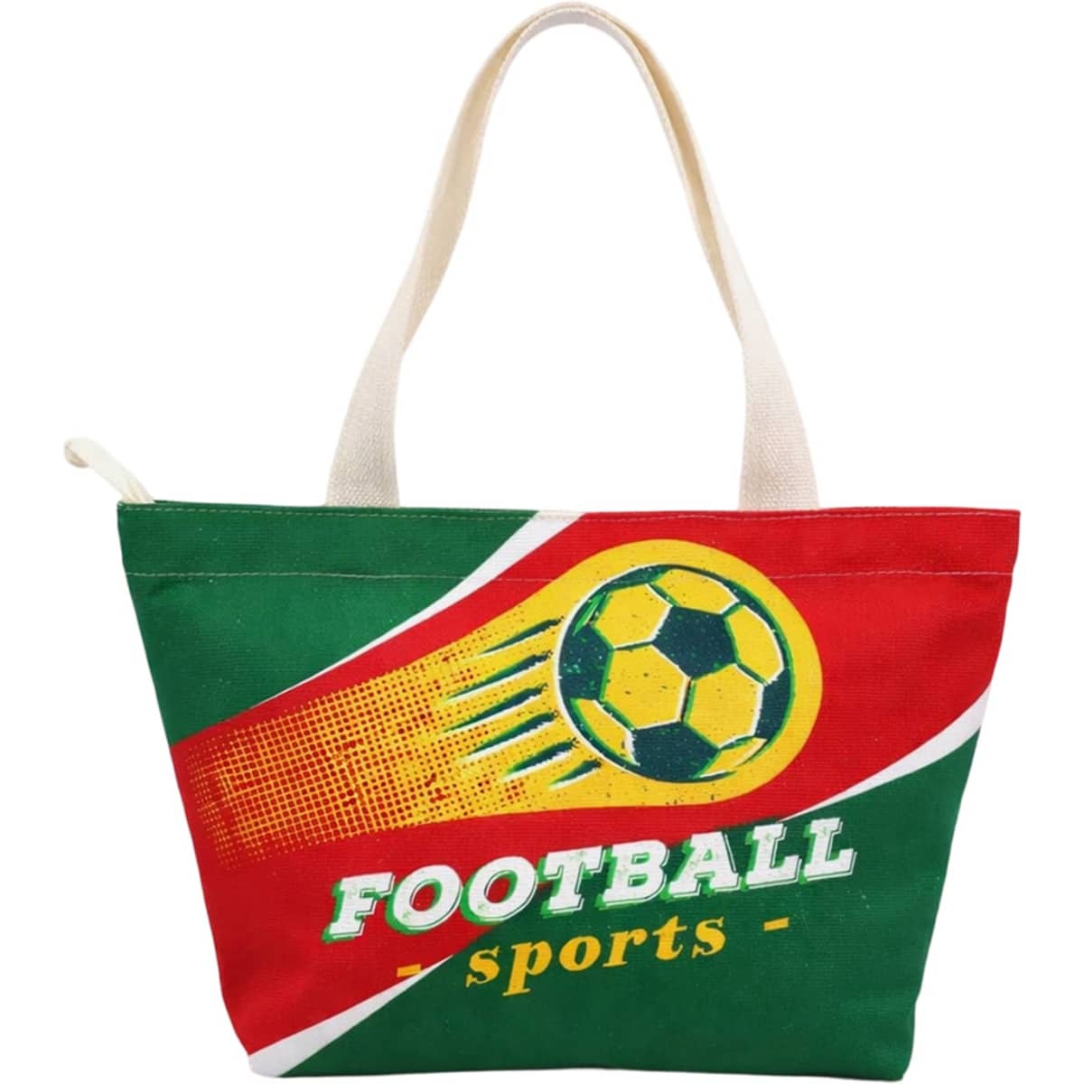 A full-colour tote bag featuring a football graphic, predominantly green and red, with cream handles and a logo.