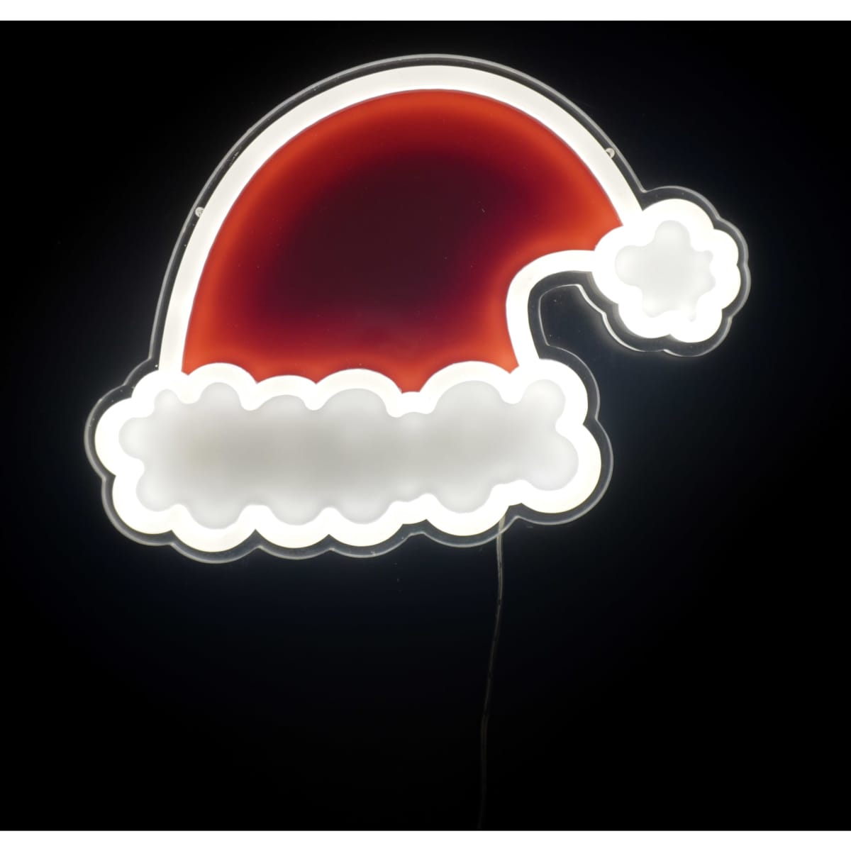 A red and white neon LED sign shaped like a Santa hat, illuminated against a dark background.