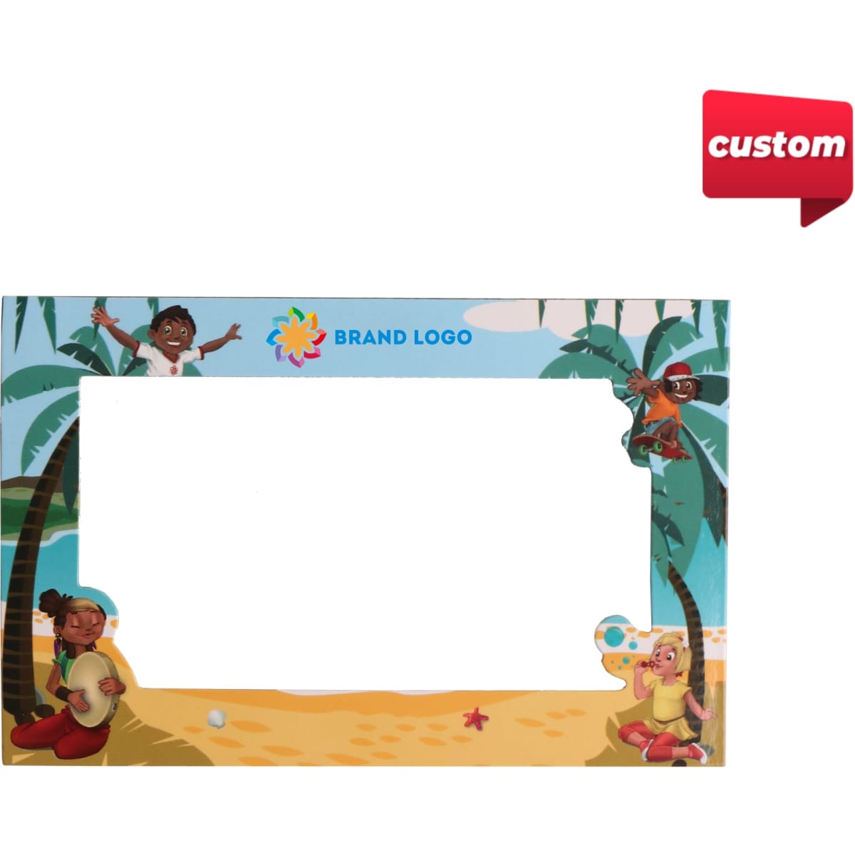 A custom-shaped fridge magnet featuring a beach scene with palm trees and playful characters, in vibrant colours.