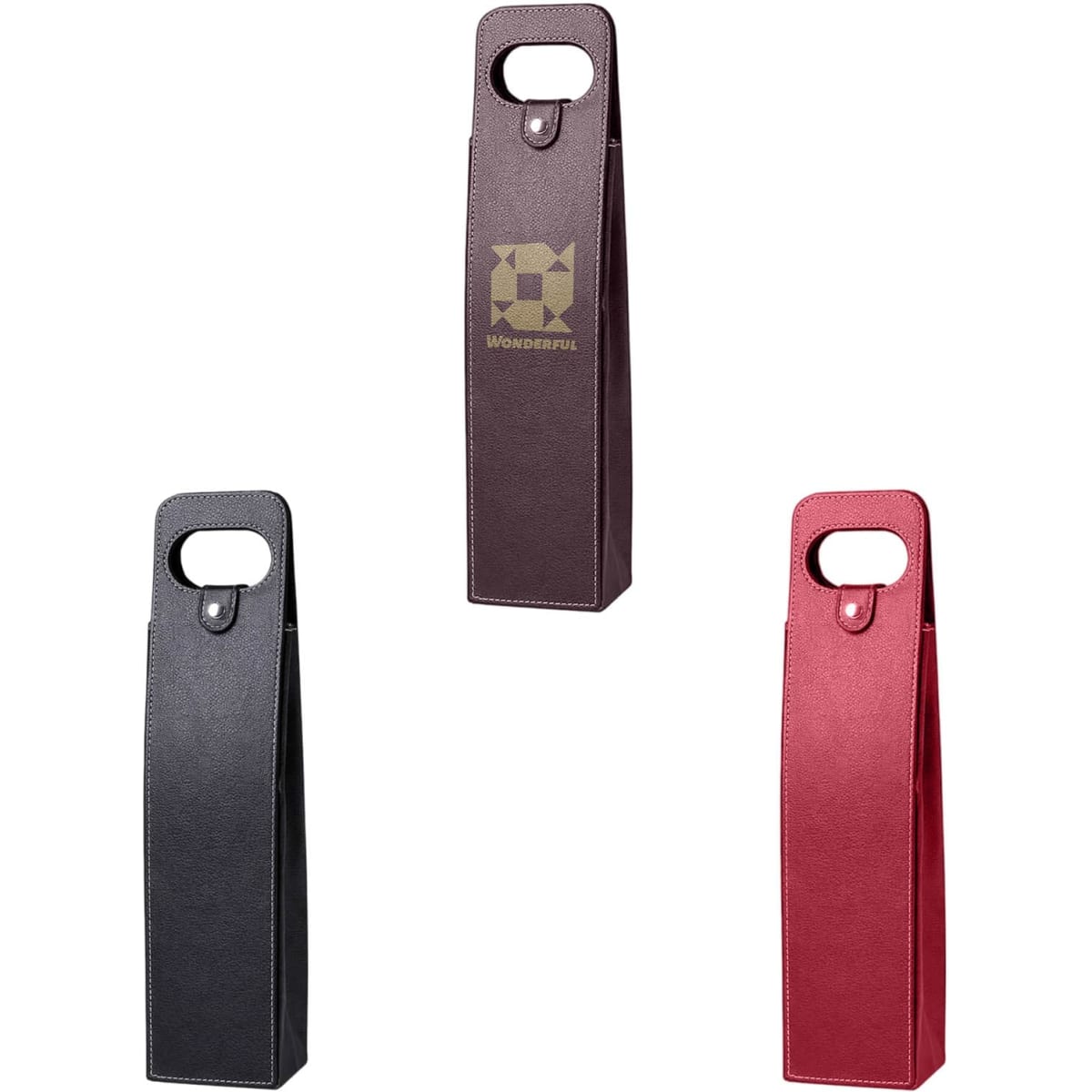 A drink bottle bag in black, burgundy, and red with a handle and a logo.