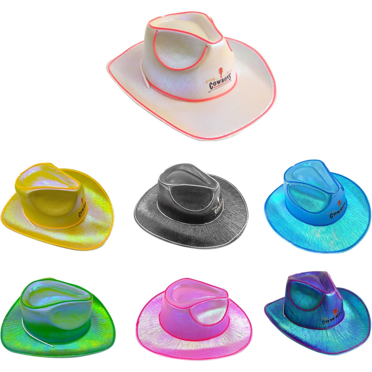 A variety of light-up cowboy hats in bright colours including yellow, pink, blue, and black, featuring a logo.