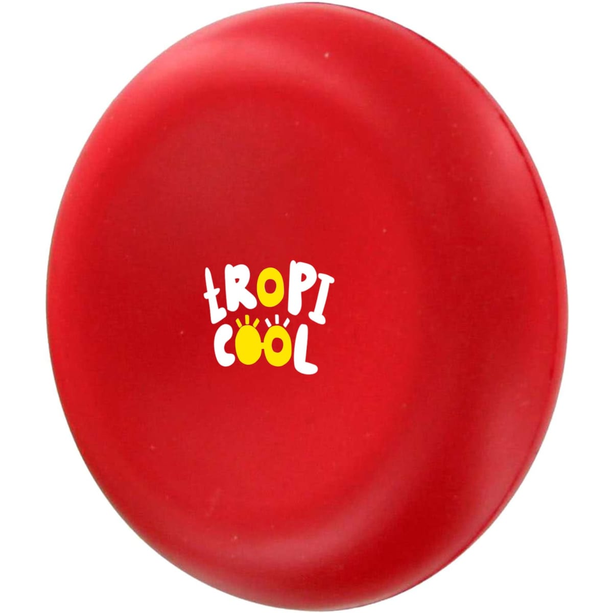 A red stress reliever in a circular shape with a logo on the front. It's designed for playful stress relief.