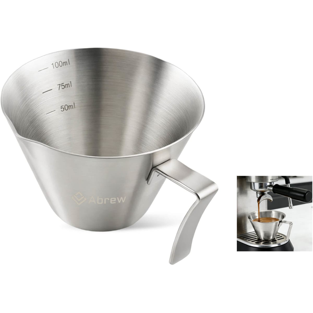 A stainless steel measuring cup with a handle and measurement markings, featuring a sleek, polished finish.