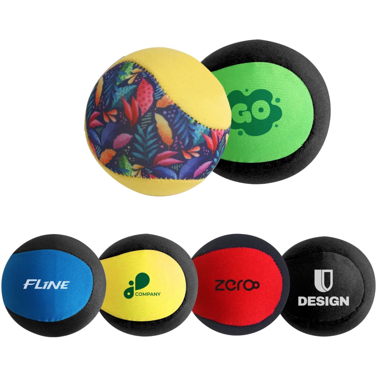 A set of colourful water bouncing balls in various designs, including yellow, green, red, and black. All feature logos.