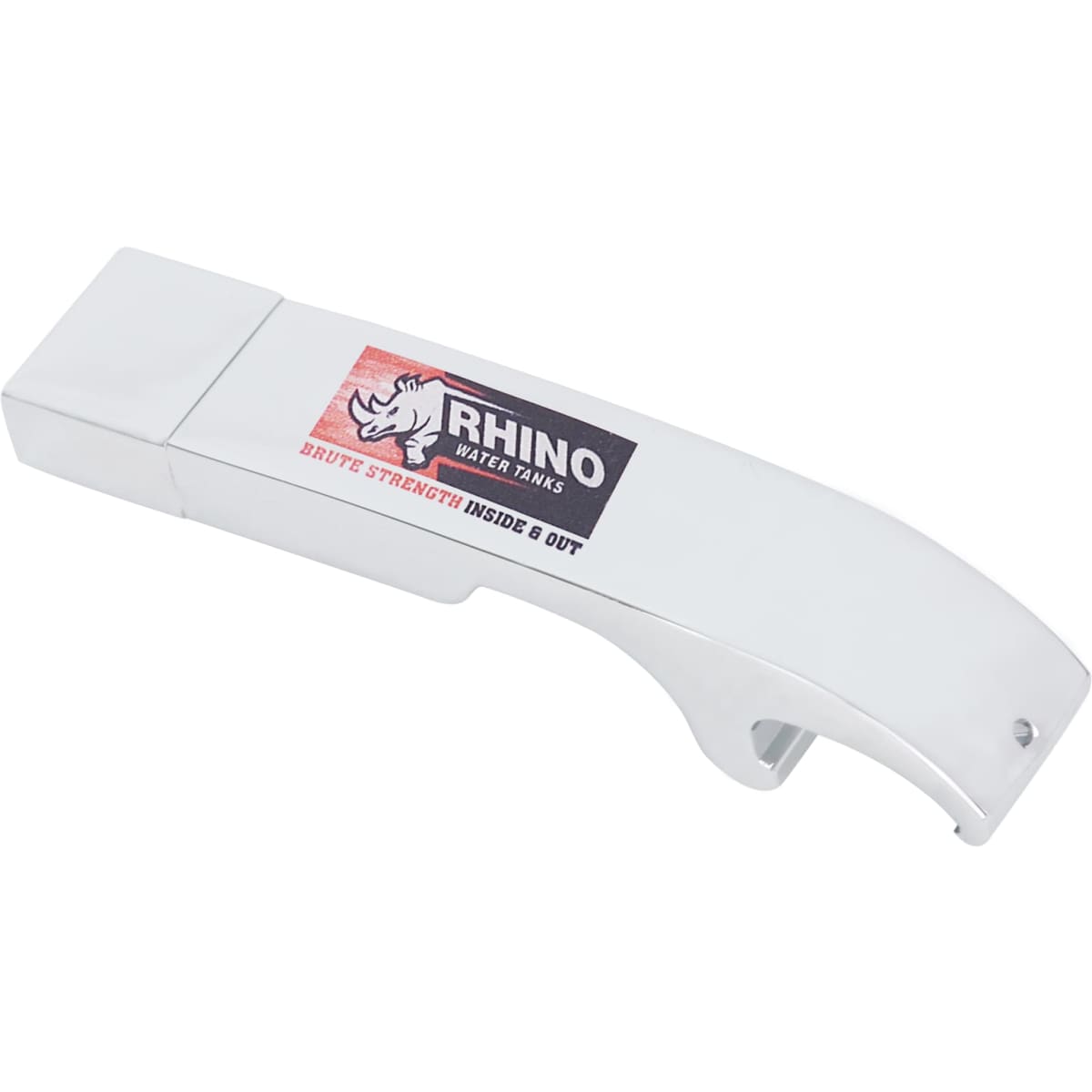 A drink bottle opener and flash drive in silver, featuring a logo on its surface.