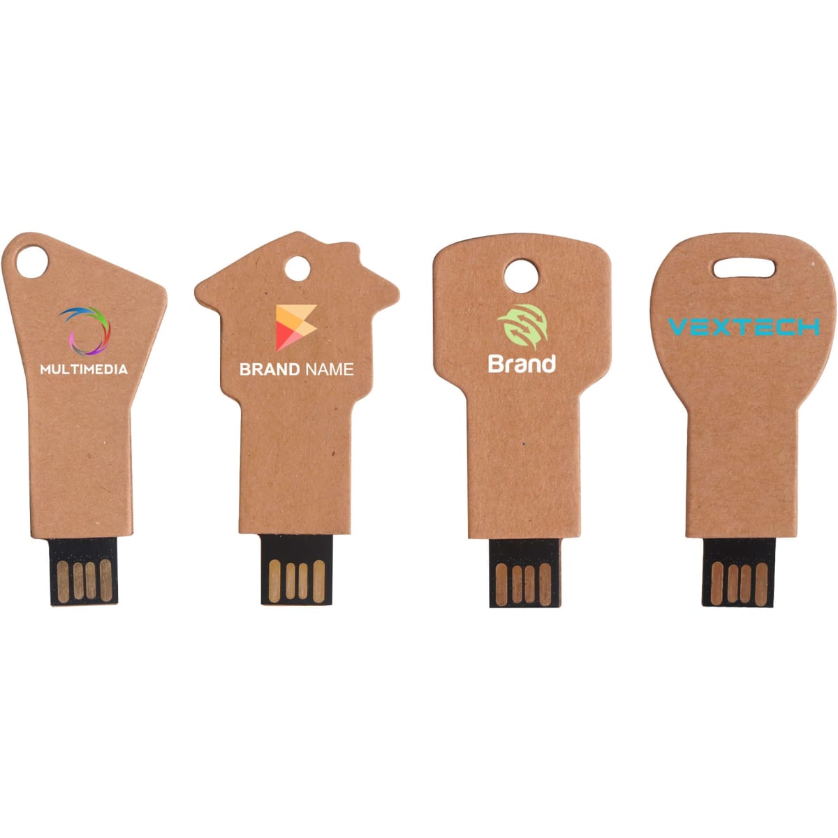 Four eco-friendly flash drives in various key shapes, featuring natural brown colouring and distinct branding on each.