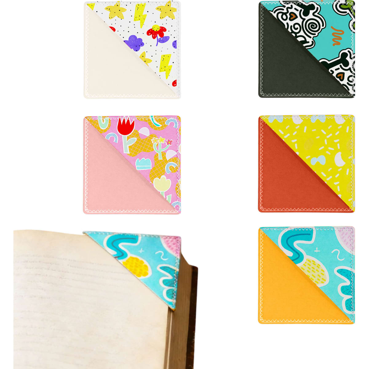 Colourful PU bookmarks in various designs, featuring patterns like stars, flowers, and abstract shapes. Each bookmark has a unique colour.
