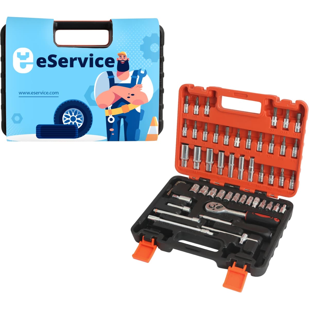 A mechanic socket set in a black and orange case with various sizes of sockets and a tool, packaged in a branded box.